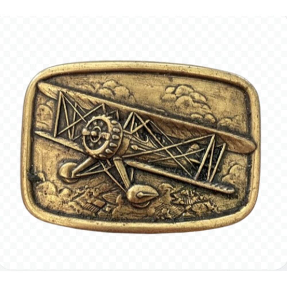 Vintage‎ Avon Biplane Bi-Plane Airplane Belt Buckle Gold-Tone